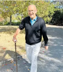  ?? ?? Hamilton Logan, aged 99 and kicking-on, legs it out for local lifesaving charities, from his home in Havelock North.