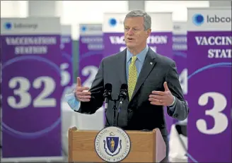  ?? MATT STONE / BOSTON HERALD ?? Gov. Charlie Baker speaks at a mass vaccinatio­n site at the Natick Mall on Wednesday.