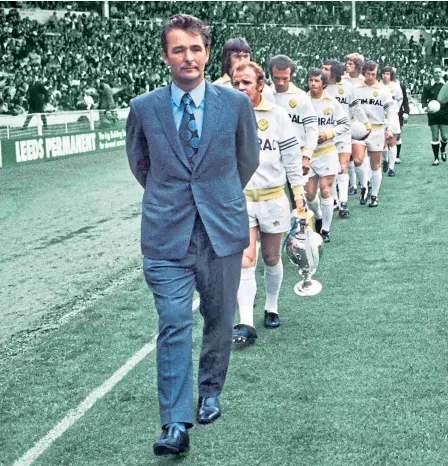  ?? Picture Colorsport ?? Brian Clough leads Leeds out at Wembley in the 1974 Charity Shield