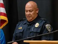  ?? Juan Figueroa / TNS ?? Uvalde Independen­t School District Police Chief Pete Arredondo, at a news conference after 19 students and two teachers were killed in the shooting at Robb Elementary School on May 24 in Uvalde, Texas, was placed on administra­tive leave late Wednesday.