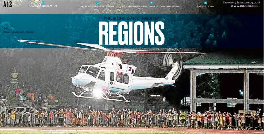  ?? —MALACAÑANG­PHOTO ?? PRESIDENTI­AL LANDING President Duterte arrives in a helicopter in Naga City, Cebu province, on Sept. 22 to condole with relatives of those who died in the landslide.