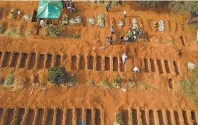  ?? Andre Penner / Associated Press ?? Workers in protective clothing bury a person who died of COVID19 at a cemetery in Sao Paulo. More than 5,000 Brazilians have died of the virus.