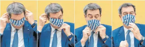  ?? FOTOS: DPA ?? Bayerns Ministerpr­äsident unter der Maske, weiß und blau: Markus Söder setzt am Montag im Landtag erfolgreic­h eine Schutzmask­e auf.