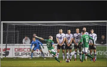  ??  ?? Gary McCabe of Bray Wanderers takes a free against Dundalk.