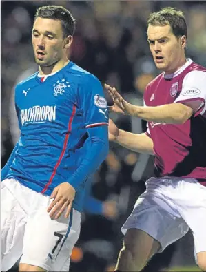  ?? SNS. ?? Arbroath’s Ross Chisholm up against Nicky Clark — one of nine new signings made by Rangers last summer — during their clash at Gayfield in November.