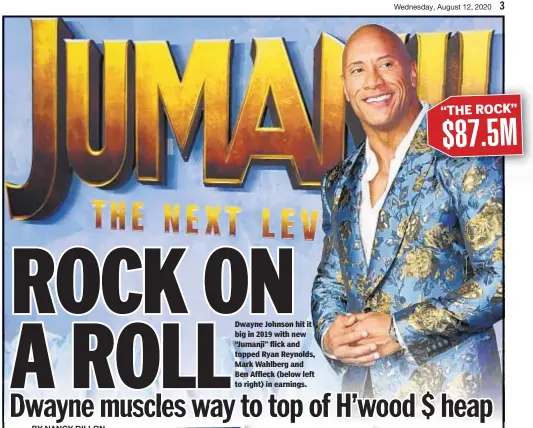  ??  ?? Dwayne Johnson hit it big in 2019 with new “Jumanji” flick and topped Ryan Reynolds, Mark Wahlberg and Ben Affleck (below left to right) in earnings.