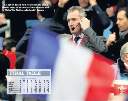  ??  ?? > An ashen-faced Rob Howley looks like a man in need of answers after a chaotic end to Wales’ Six Nations clash with France