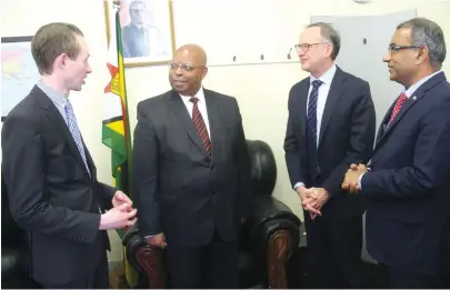  ?? Picture by Munyaradzi Chamalimba ?? National Assembly Speaker Advocate Jacob Mudenda welcomes Members of Parliament from Canada Robert Oliphant, Chamolve Arya and Michael Cooper during a courtesy call at Parliament Building in Harare yesterday.