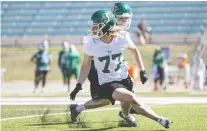  ?? MICHELLE BERG ?? University of Regina Rams receiver Riley Boersma offered up a strong performanc­e on the opening day of the Roughrider­s' rookie camp at Griffiths Stadium, writes Murray Mccormick.