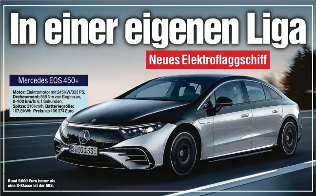  ??  ?? Rund 9 000 Euro teurer als eine S-Klasse ist der EQS.