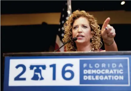  ?? ASSOCIATED PRESS ?? DNC Chairwoman, Debbie Wasserman Schultz, D-Fla., speaks during a Florida delegation breakfast Monday in Philadelph­ia during the first day of the Democratic National Convention.