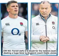  ??  ?? OW NO: Farrell (left) is a doubt for the Ireland clash, dealing a huge blow to England coach Eddie Jones