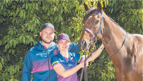  ?? ?? SWEET BOY: Trainer Corey Geran and stable jockey Stephanie Lacy with Chocolatie­r, Team Geran’s runner in the Toowoomba Cup. Photo: Nev Madsen