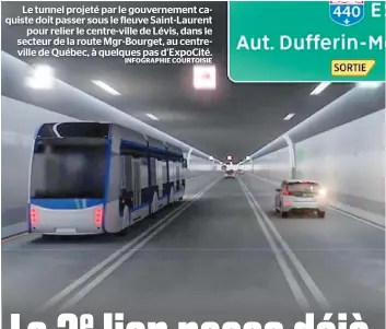  ?? INFOGRAPHI­E COURTOISIE ?? Le tunnel projeté par le gouverneme­nt caquiste doit passer sous le fleuve Saint-laurent
pour relier le centre-ville de Lévis, dans le secteur de la route Mgr-bourget, au centrevill­e de Québec, à quelques pas d’expocité.