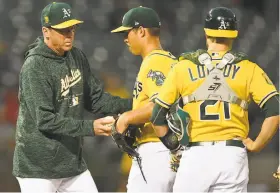  ?? Thearon W. Henderson / Getty Images ?? A’s manager Bob Melvin takes the ball from starting pitcher Daniel Mengden in the fifth inning against the Astros. Mengden, who entered June with a 2.91 ERA, has allowed a season-high six earned runs in each of his two starts this month, raising his...