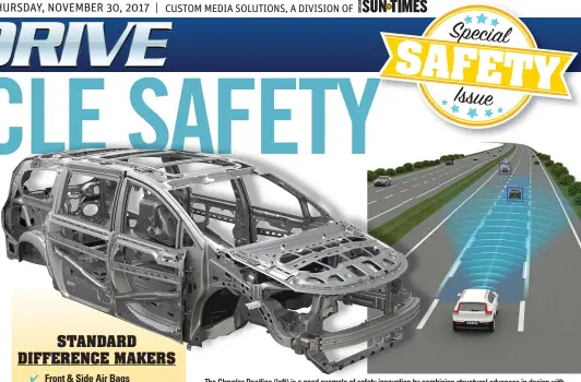  ??  ?? The Chrysler Pacifica ( left) is a good example of safety innovation by combining structural advances in design with more than 70% high- strength steel. ( Right) The Volvo Pilot Assistance System uses sensors to avoid potential accidents.