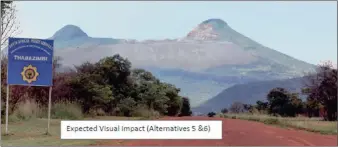  ??  ?? SPIRITUAL HOME: The Madimatle Mountain overlookin­g Thabazimbi in Limpopo is a place sacred for its rich history, but now Aquila Steel plans to scour it for iron ore. Above are images of the projected visual impacts should proposed mining go ahead.