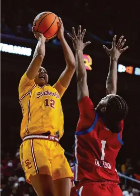  ?? Ashley Landis/Associated Press ?? Southern Cal freshman sensation JuJu Watkins led the Trojans past Kansas on Monday and will try to take down Baylor on Saturday in the Sweet 16.