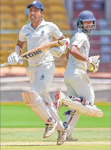  ?? PTI ?? Madhya Pradesh batters Yash Dubey (R) and Shubham Sharma stitched together a 222-run stand for the second wicket.