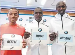  ?? FOTO: EFE ?? Bekele y los keniatas Mutai y Kipsang, en la presentaci­ón de la maratón