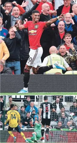  ?? FOTOS: AFP ?? (1) Marcus Rashford celebra con su gente después de un juego para enmarcar en Old Trafford. (2) Pierre-emerick Aubameyang anula la reacción del portero esloveno de las Urracas, Martín Dubravka.