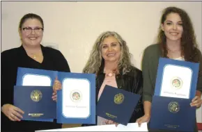  ?? COURTESY PHOTOGRAPH­S ?? Above, from left: Christina Gilpin, Veronica Flores and Sarah Armanino were this year’s Live Your Dream and Soroptimis­t Achievemen­t Award winners. Below: Bev Lacy presented Krista Keaney, right, with a $500 award on April 13.