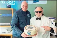  ?? Contribute­d photo ?? To celebrate radio host Danny Lyons’ 35 years with WEBE-108, Sky Mercede, of Forever Sweet Bakery in Norwalk, presented him with a cake.