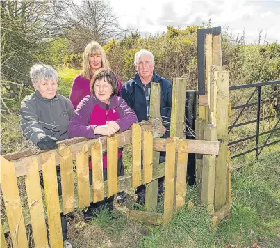  ?? Picture: Steven Brown. ?? Ramblers, back, Alison Matthews, Elaine Collins, Brian Clark and, front, Mary Slaven at the blockage on the core path.