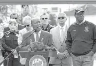  ?? Godofredo A. Vasquez / Houston Chronicle ?? Mayor Sylvester Turner addresses the media last week at a homeless encampment under the U.S. 59 bridge, where a string of violent incidents has occurred recently.