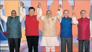  ??  ?? BLOC SOLIDARITY: Brics leaders, from left, President Jacob Zuma, Chinese President Xi Jinping, Indian Prime Minister Narendra Modi, Russian President Vladimir Putin and Brazilian President Michel Temer at a summit in Benaulim, in the state of Goa, India