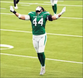  ?? Ashley Landis / Associated Press ?? Jets linebacker Harvey Langi celebrates after a win over the Los Angeles Rams on Sunday in Inglewood, Calif. The Jets won 23-20.