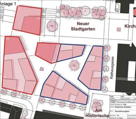  ??  ?? Zunächst will die Stadt Jena nur den halben Eichplatz verkaufen: So soll nur für drei der sechs Baufelder ein Investor gesucht werden. Diese Flächen sind auf der Karte rot umrandet. Es geht östlich des Intershop-turms um jene Bereiche, die den Bau von...