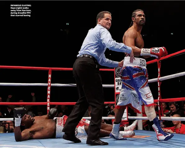  ?? Photo: ACTION IMAGES/ANDREW COULDRIDGE ?? INFAMOUS SLAYING: Haye [right] walks away from Harrison, during dreadful PPV that scarred boxing