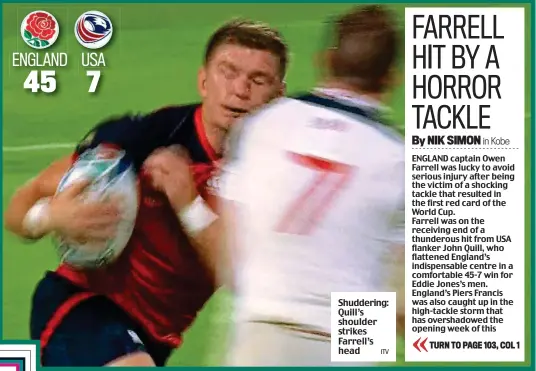  ?? ITV ?? Shuddering: Quill’s shoulder strikes Farrell’s head