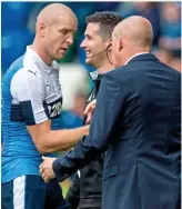  ??  ?? LIGHT BLUE BOW: Warburton hails Senderos after his debut in yesterday’s 7-0 defeat of Linfield