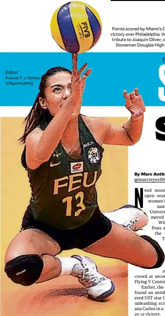  ?? —AUGUST DELA CRUZ ?? FEU’s Celine Domingo applies a delicate balancing act to keep the ball in play.