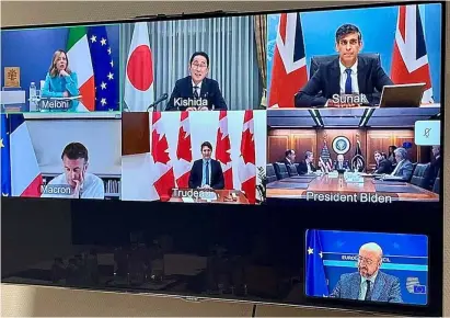  ?? ?? G7 leaders discuss Iranian attack on Israel over a video meeting in this picture obtained from social media, Brussels, Belgium. -
