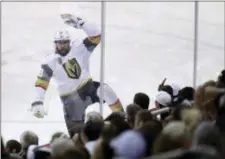  ?? TREVOR HAGAN — THE CANADIAN PRESS ?? Vegas Golden Knights’ Alex Tuch celebrates after scoring during the first period Sunday in Game 5 of the Western Conference finals against the Winnipeg Jets.