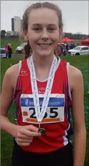  ??  ?? Leah Mooney of Dundalk St Gerards A.C. who finished 2nd in the U-15 girls 2500m race at the All Ireland B Championsh­ips in DKIT.