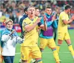  ?? Reuters ?? Ukraine players celebrate after their win over Iceland which secured them a place at Euro 2024.