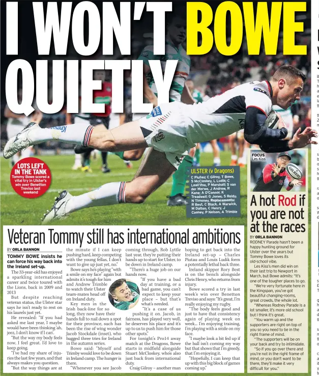  ??  ?? LOTS LEFT IN THE TANK Tommy Bowe scored a vital try in Ulster’s win over Benetton Treviso last weekend FOCUS Les Kiss PACE-SETTER Fleetwood holds the lead on six under