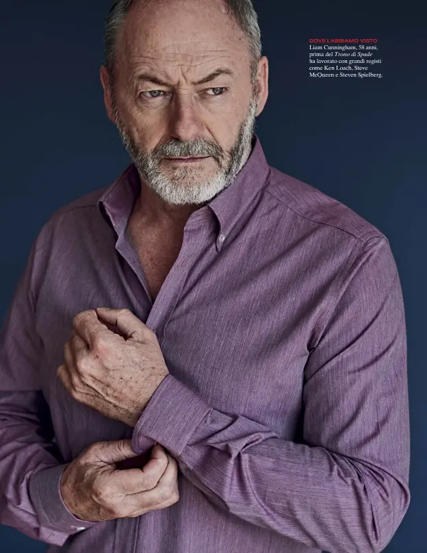  ??  ?? DOVE L’ABBIAMO VISTO Liam Cunningham, 58 anni, prima del Trono di Spade ha lavorato con grandi registi come Ken Loach, Steve McQueen e Steven Spielberg.