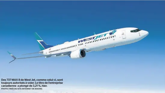  ?? PHOTO TIRÉE DU SITE INTERNET DE BOEING ?? Des 737 MAX 8 de West Jet, comme celui-ci, sont toujours autorisés à voler. Le titre de l’entreprise canadienne a plongé de 3,21 %, hier.