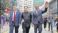  ?? AP ?? Impersonat­ors of US President Donald Trump, North Korean leader Kim Jong Un and former US President Barack Obama walk together at an event in Hong Kong.