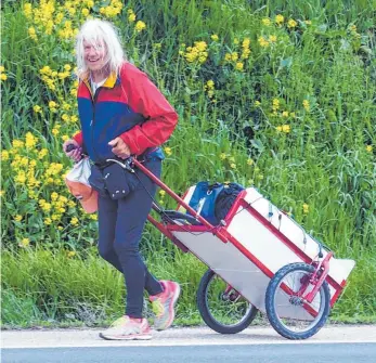  ?? FOTOS: STEFAN JEHLE ?? Mit seinem selbst konstruier­ten Wägelchen zieht Joop van der Pas monatelang durch Europa.