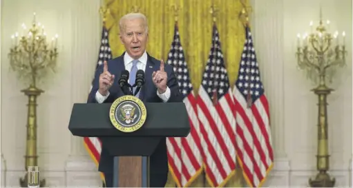  ?? ALEX WONG/GETTY IMAGES ?? President Joe Biden declares on Monday in the White House East Room, “The buck stops with me.”