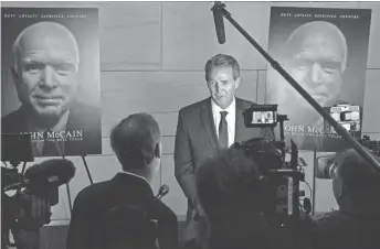  ?? AP PHOTOS ?? Sen. Jeff Flake, R-Ariz., speaks about Sen. John McCain, R-Ariz., at an event on Capitol Hill to debut a documentar­y film about McCain in Washington, D.C., on May 17.