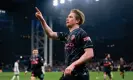  ?? Justin Setterfiel­d/Getty Images ?? Kevin De Bruyne celebrates scoring an early opener for Manchester City. Photograph: