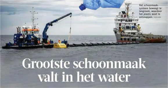  ?? FOTO AFP ?? Het schoonmaak­systeem beweegt te langzaam, waardoor het plastic weet te ontsnappen.