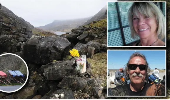  ??  ?? Flowers at the scene of the accident which took the lives of Rosalyn Joyce Few (top right) and Normand Larose (above right) near the Wishing Bridge on the Gap of Dunloe. Inset: Jaunting carts are a big tourist attraction in the area. Photos: Frank McGrath